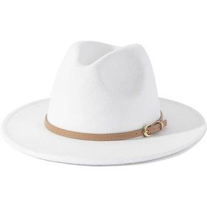 Women Elegant & White Classic Felt Fedora Wide Brim Hat with Belt Buckle